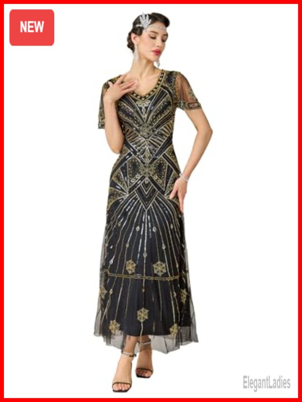 Women's Flapper Dress 1920s V-Neck Sequin Beaded Evening Gown Maxi Dress